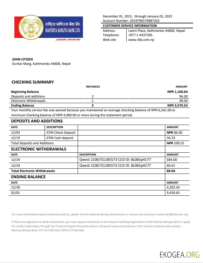 Relevé de la banque Rastriya Banijya au Népal
